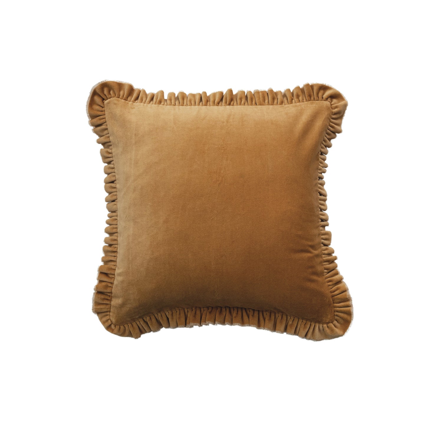 20" Square Cotton Velvet Pillow w/ Ruffled Trim, Mustard Color