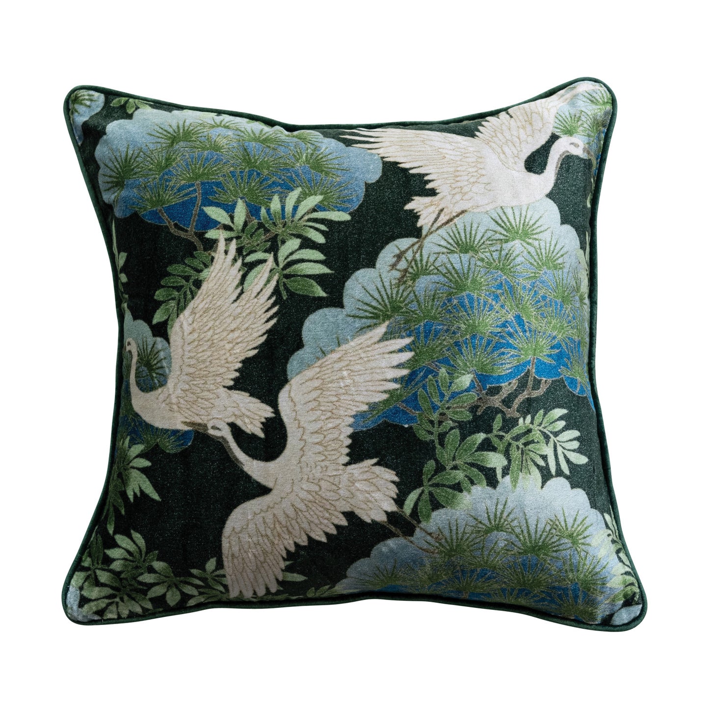 18" Square Cotton Blend Velvet Printed Pillow with Cranes & Piping