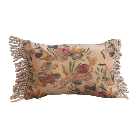 Fabric Velvet Printed Lumbar Pillow with Bullion Fringe