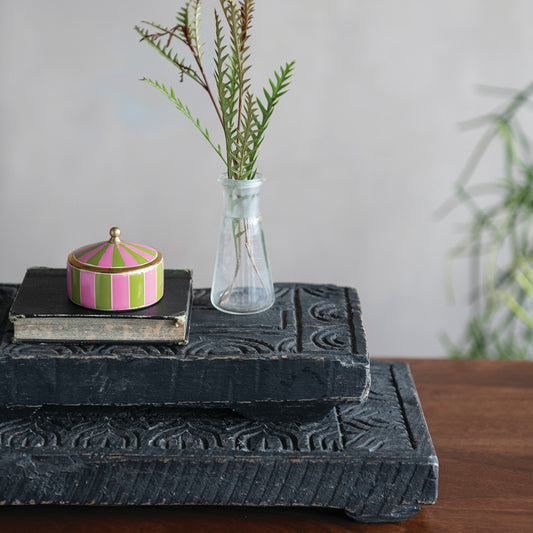 Found Carved Wood Riser, Distressed Finish, Black (Each One Will Vary)