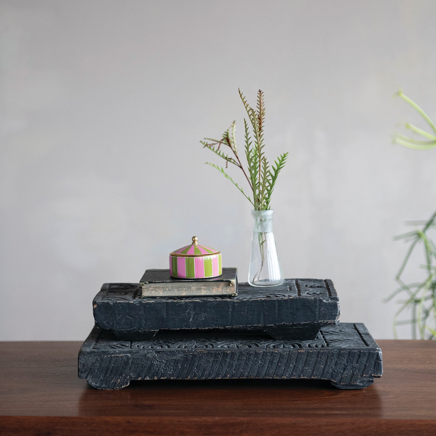 Found Carved Wood Riser, Distressed Finish, Black (Each One Will Vary)