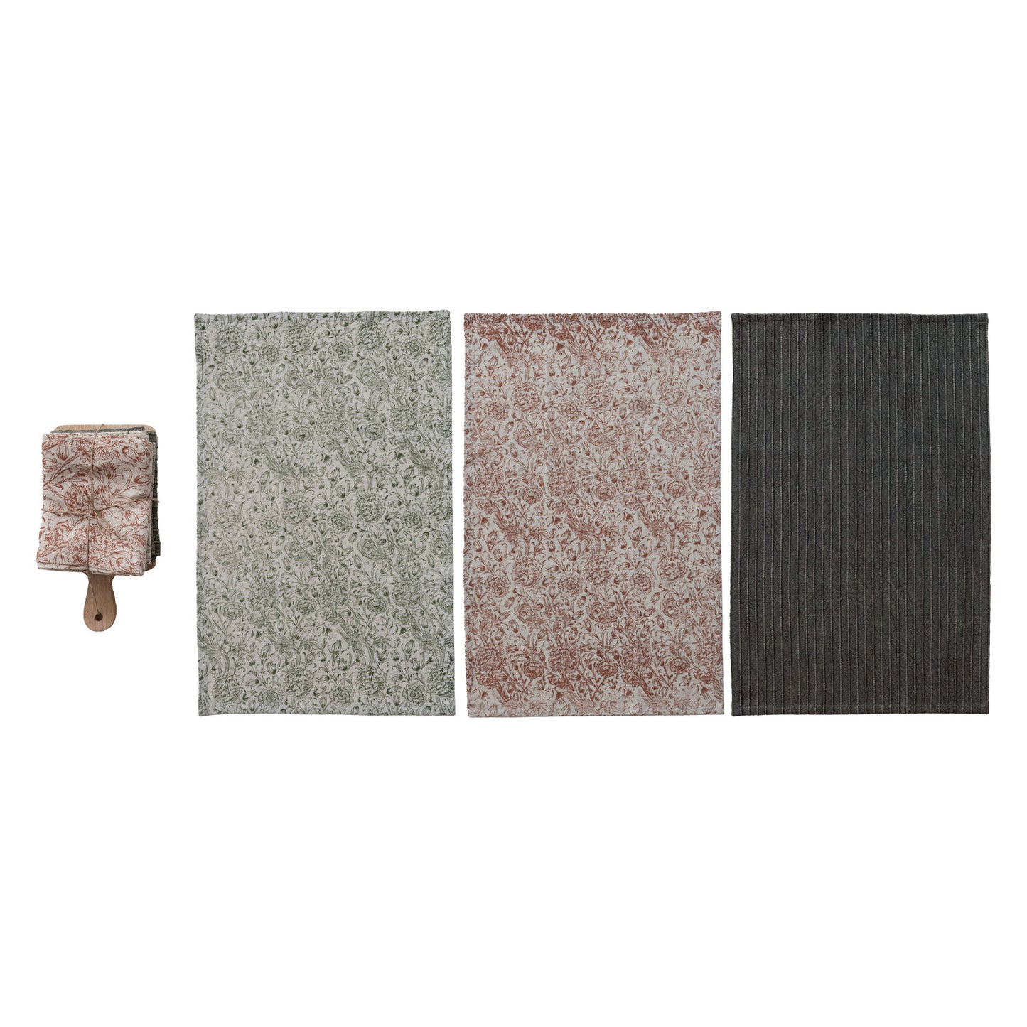 (3) Tea Towels & Mango Wood Cheese/Serving Board, Set of 4 Tied with Jute & Wood Bead