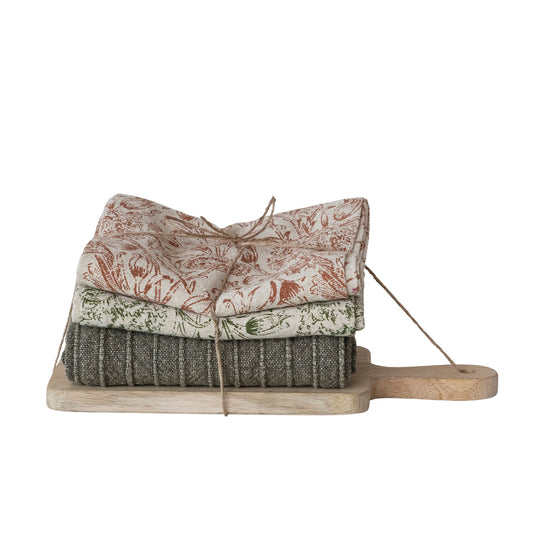 (3) Tea Towels & Mango Wood Cheese/Serving Board, Set of 4 Tied with Jute & Wood Bead