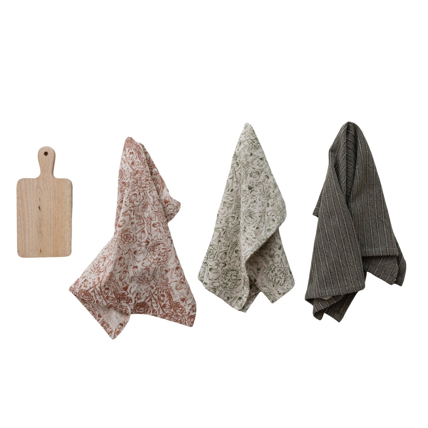 (3) Tea Towels & Mango Wood Cheese/Serving Board, Set of 4 Tied with Jute & Wood Bead