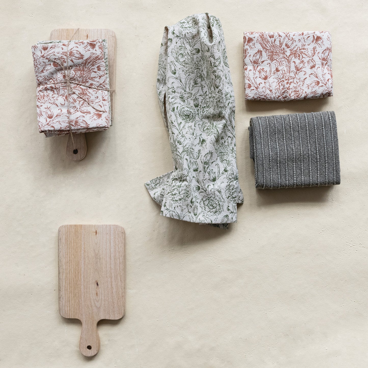 (3) Tea Towels & Mango Wood Cheese/Serving Board, Set of 4 Tied with Jute & Wood Bead