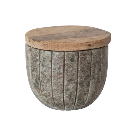 Carved Marble Container with Mango Wood Lid, Brown & Natural