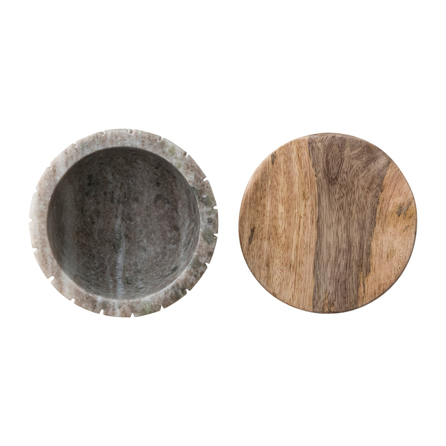 Carved Marble Container with Mango Wood Lid, Brown & Natural