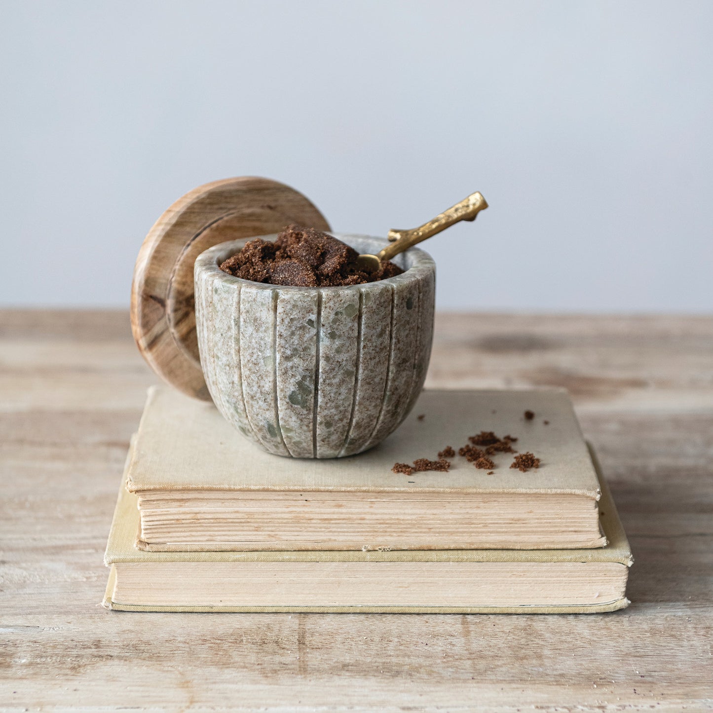 Carved Marble Container with Mango Wood Lid, Brown & Natural
