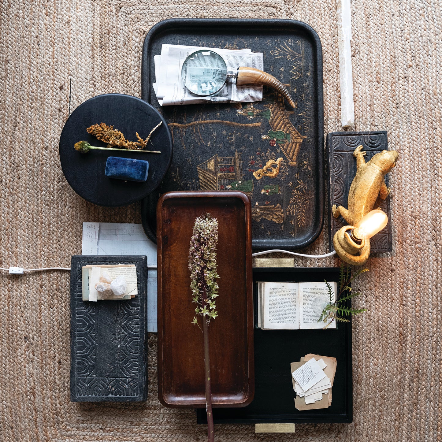 Mango Wood Tray with Metal Handles, Black & Gold Finish