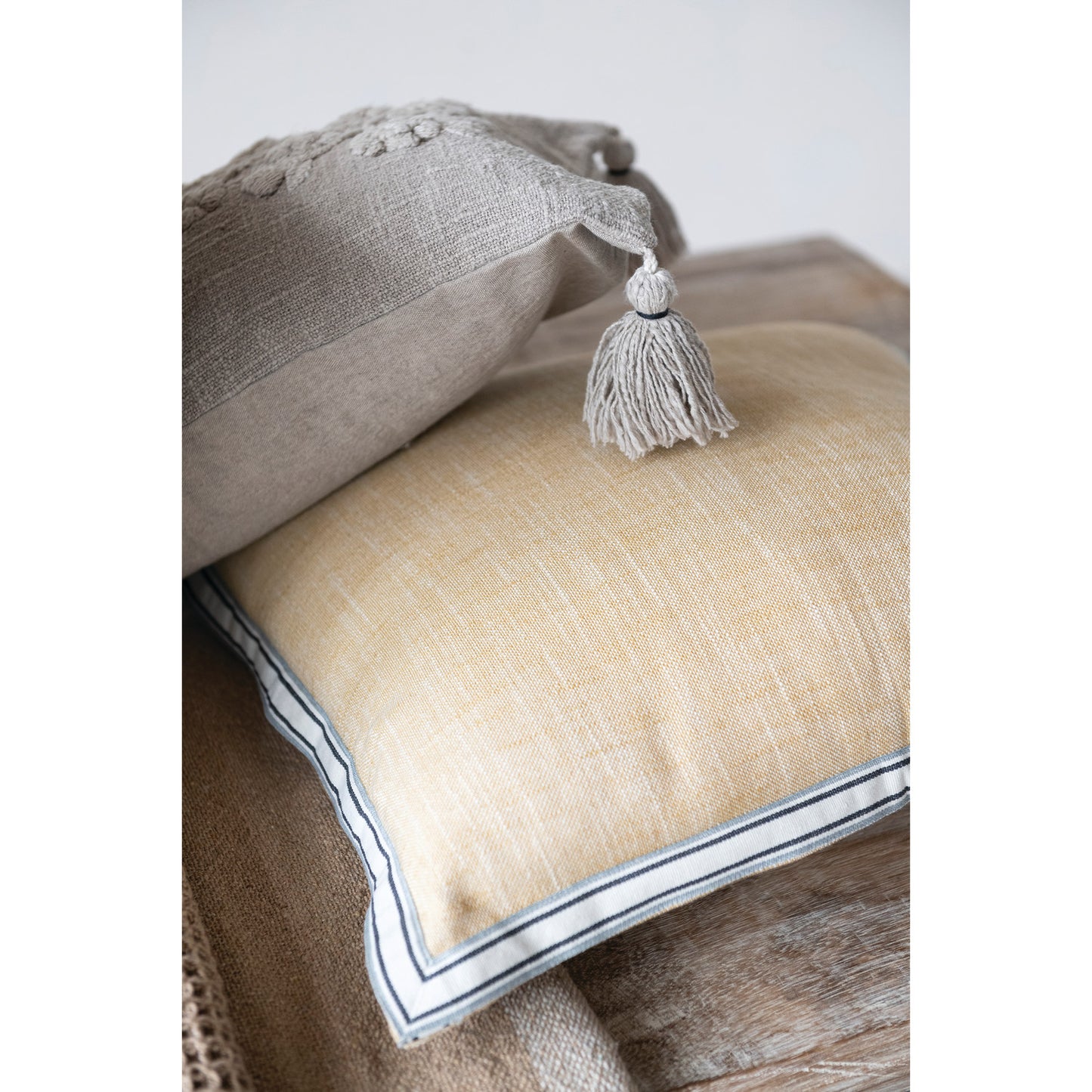 18" Square Woven Cotton Pillow with Striped Flange Edge