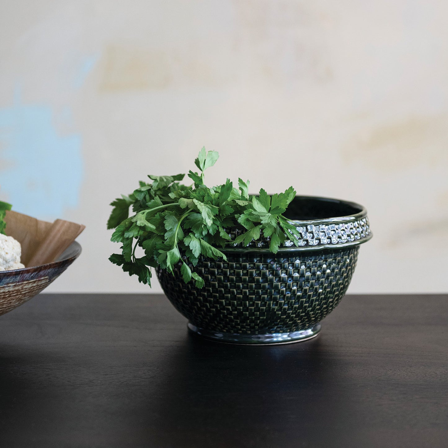 Stoneware Basket Weave Bowl, Green (Each One Will Vary)
