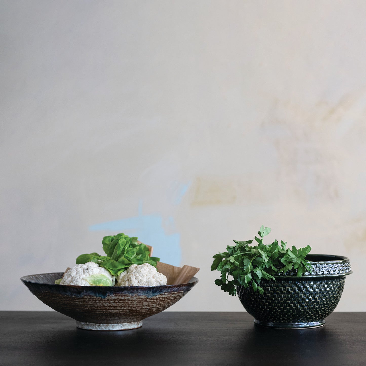 Stoneware Basket Weave Bowl, Green (Each One Will Vary)