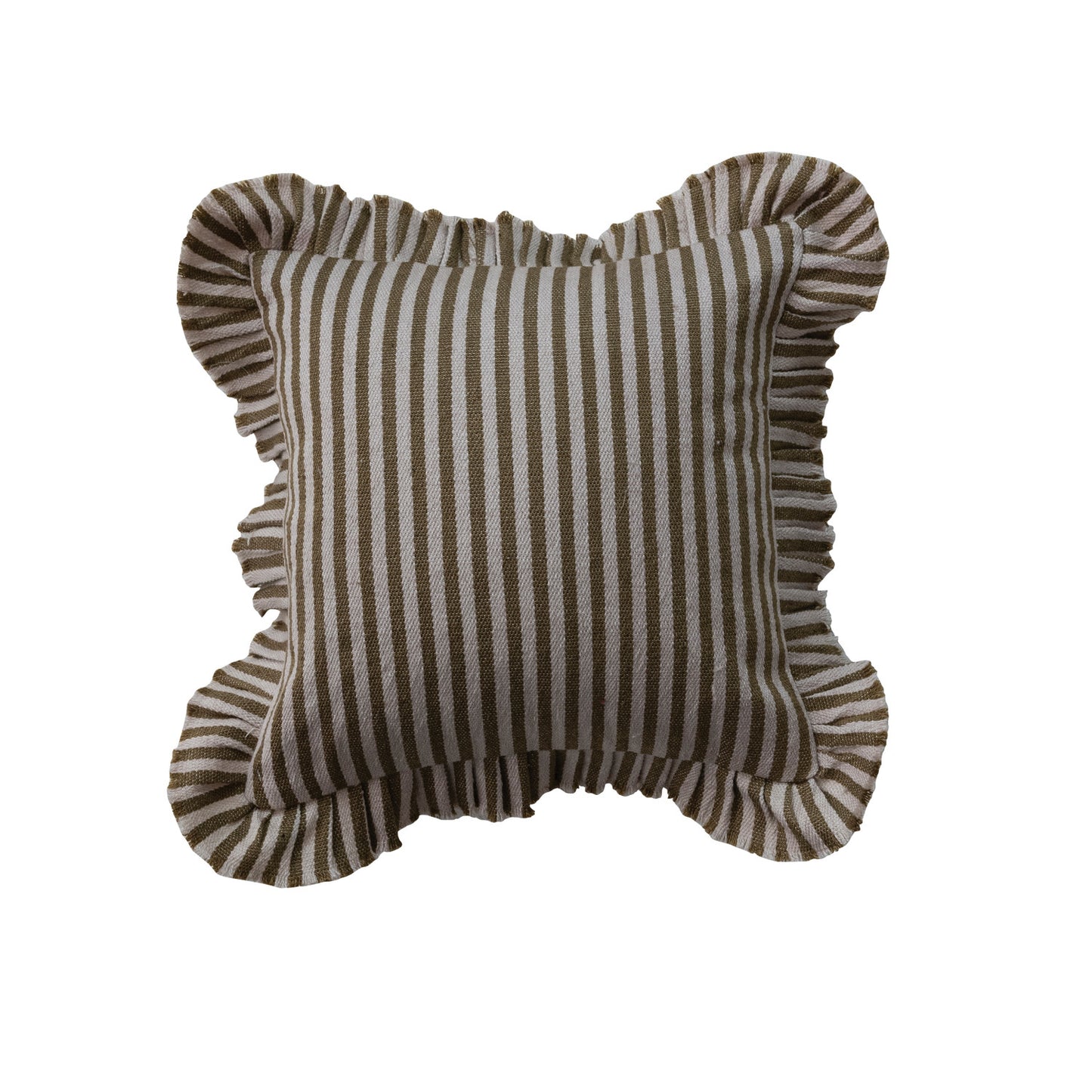 18" Square Woven Fabric Indoor/Outdoor Pillow with Stripes & Ruffle, Natural & Tan Color