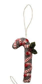 Handmade Wool Felt Candy Cane Ornament with Applique, Embroidery & Beads