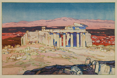 Athens in Ruins in Pink and Blue Print