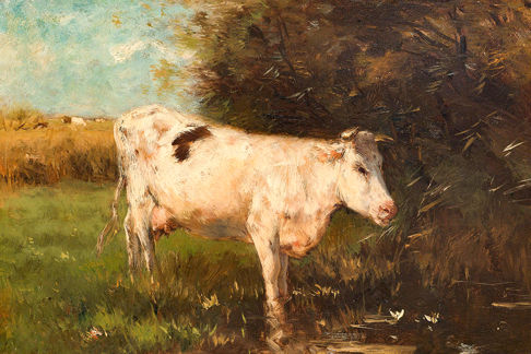 Cow by Pond Painting Print