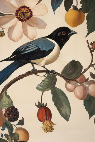 Single Blue/ Black Bird in Flowering tree Print