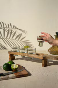 Tequila Flight with Four Glasses on a Wooden Tray