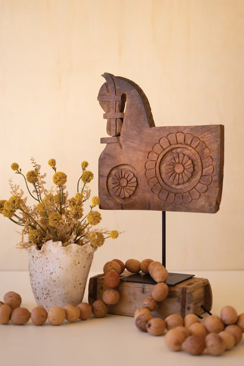 Wooden Horse Sculpture on an Iron Base