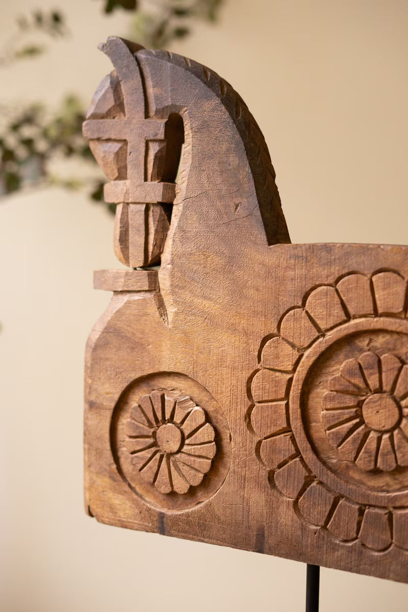 Wooden Horse Sculpture on an Iron Base