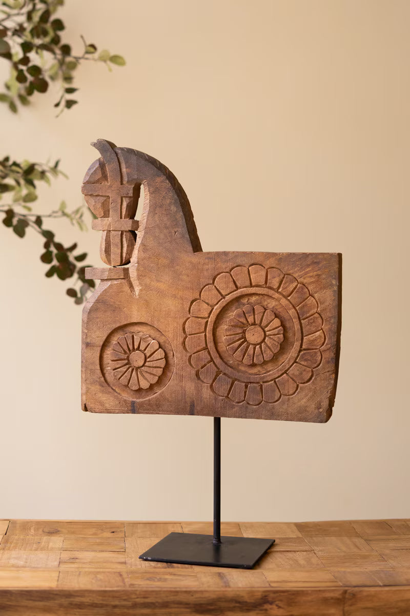Wooden Horse Sculpture on an Iron Base