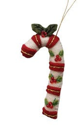 Handmade Wool Felt Candy Cane Ornament with Applique, Embroidery & Beads