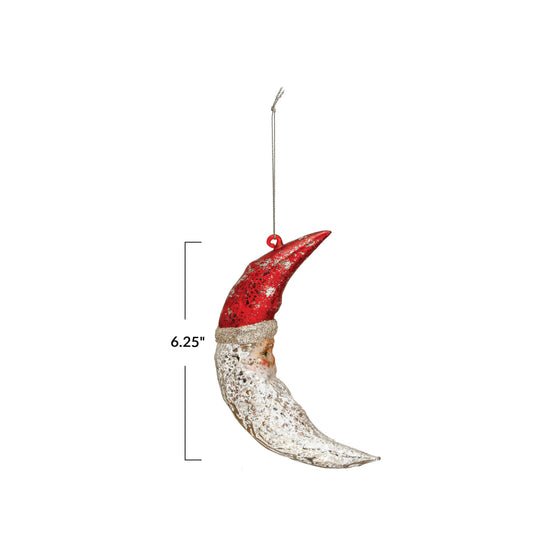 6-1/4"H Hand-Painted Mercury Glass Santa Moon Ornament w/ Glitter, Red & Silver Finish