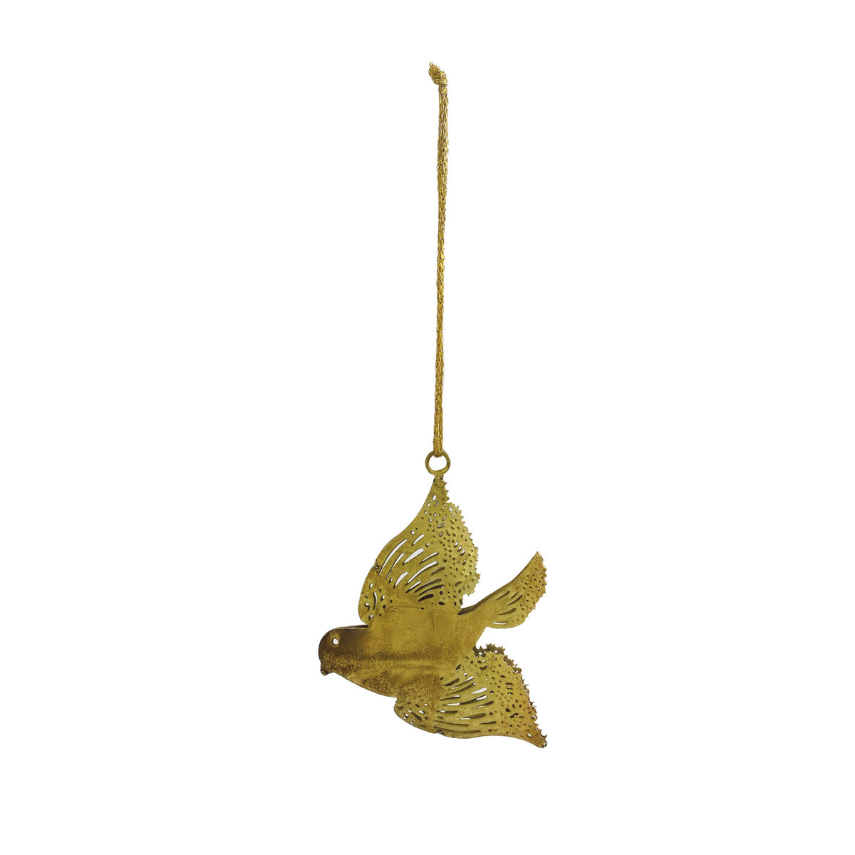 Gold bird-shaped ornament hanging on a white background