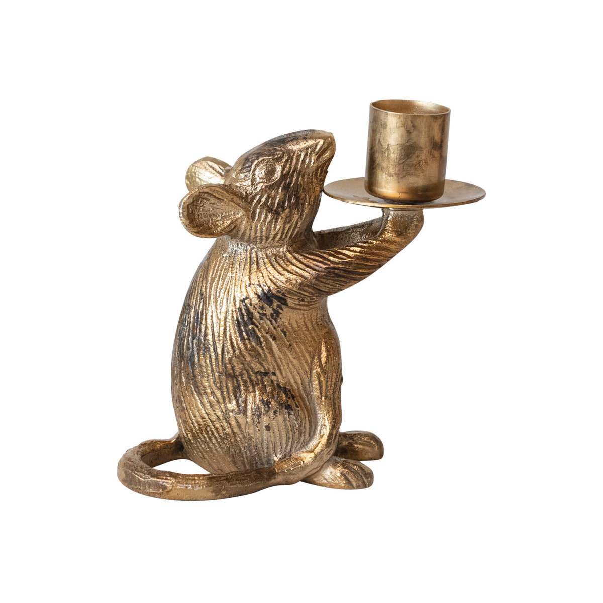 Gold mouse-shaped candle holder on a white background