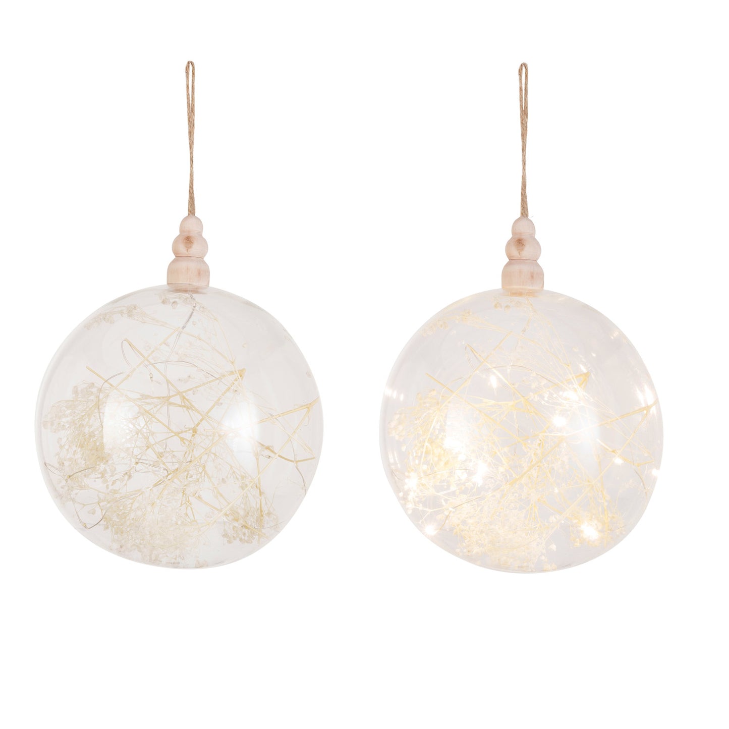 Glass & Wood LED Ball Ornament w/ Dried Botanicals