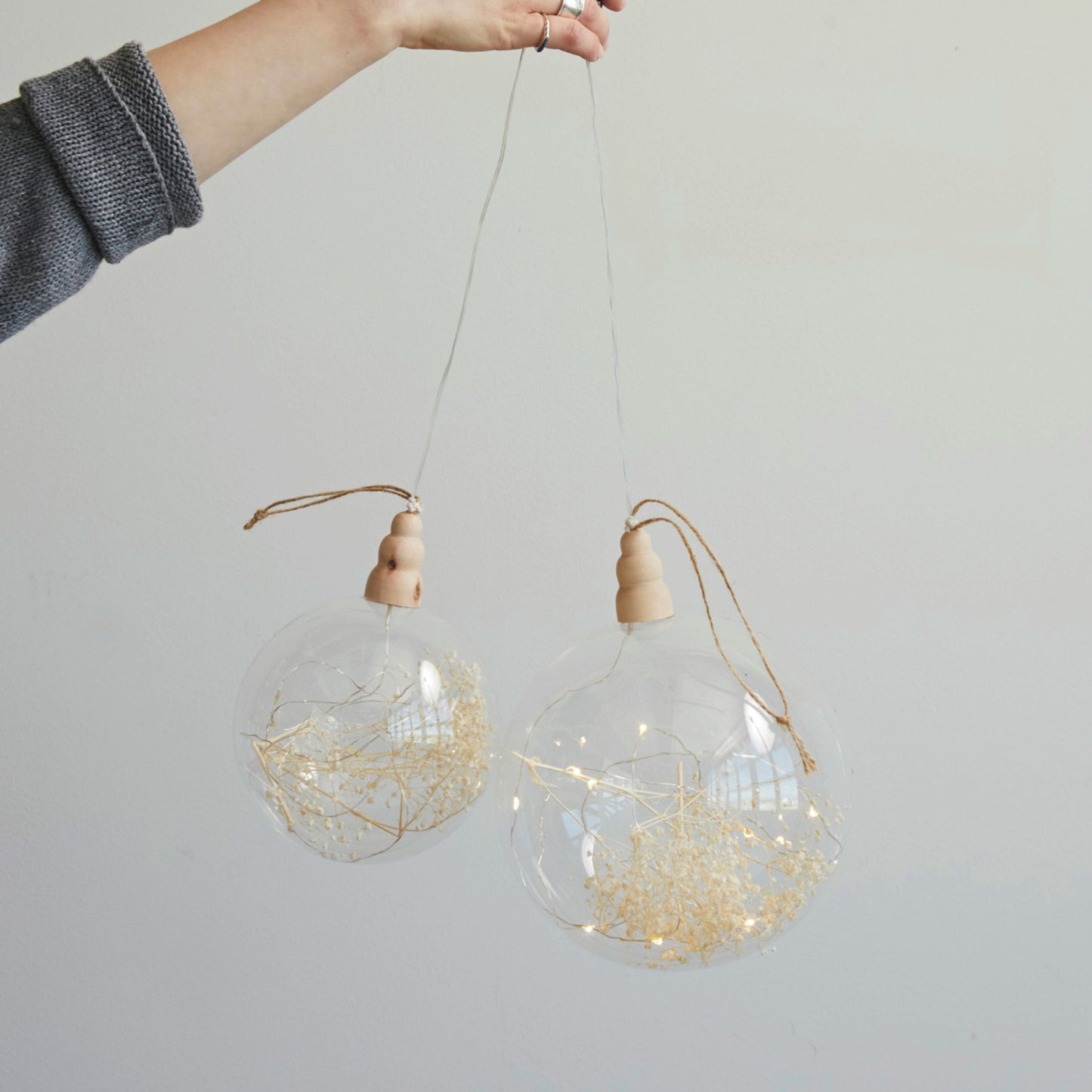 Glass & Wood LED Ball Ornament w/ Dried Botanicals