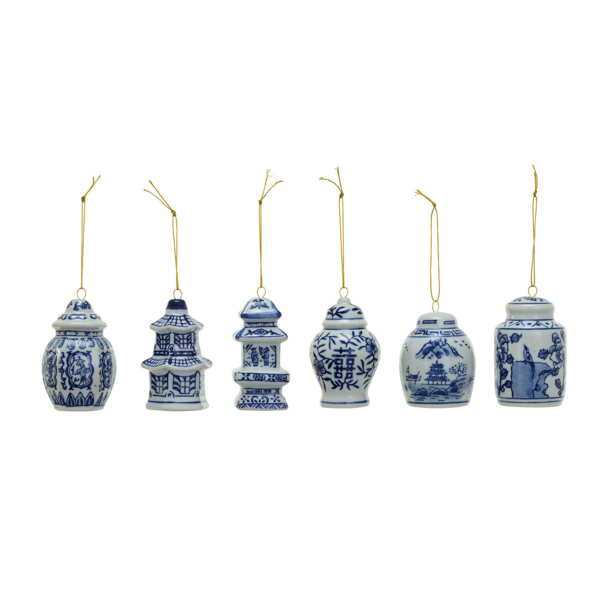 six blue and white ceramic ornaments on a white background. Sold separately