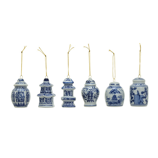 six blue and white ceramic ornaments on a white background. Sold separately