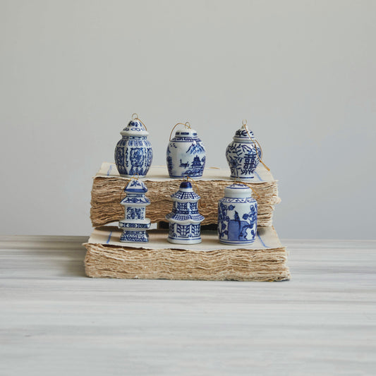 Stoneware Ginger Jar Ornament, Blue & White