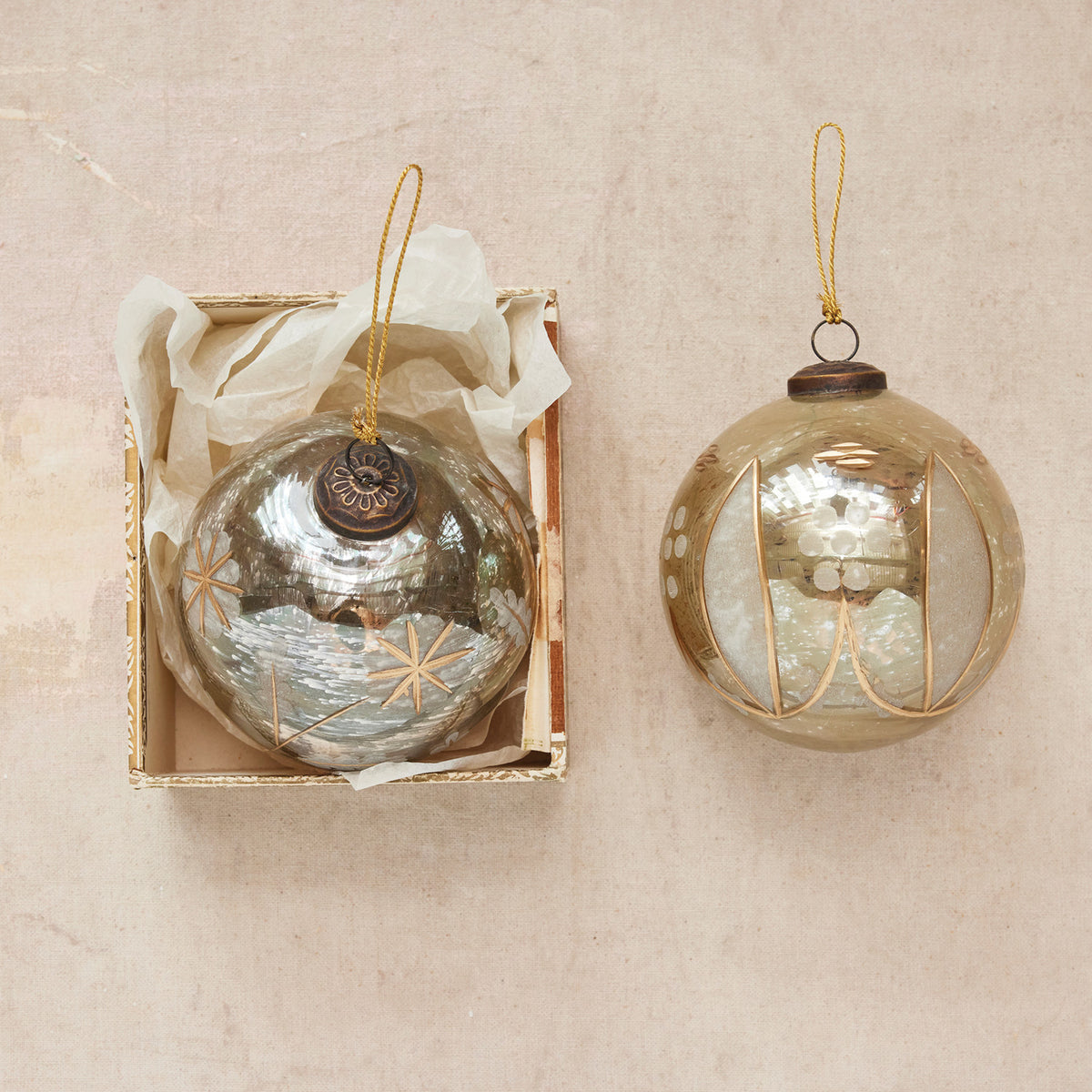 Etched Mercury Glass Ball Ornament with Design