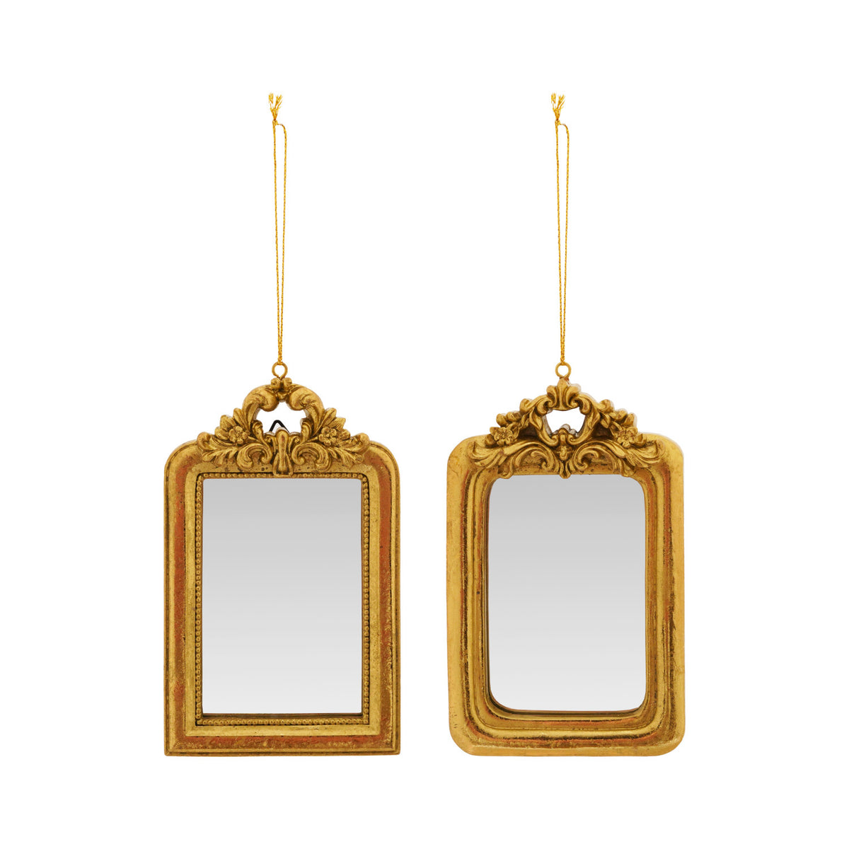 Two gold-framed mirrors hanging against a white background