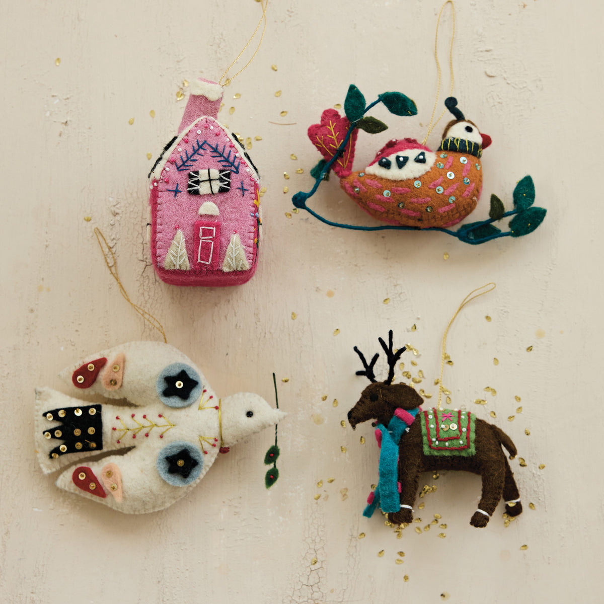 Handmade Wool Felt Animal/Cottage Ornament with Embroidery, Sequins & Beads