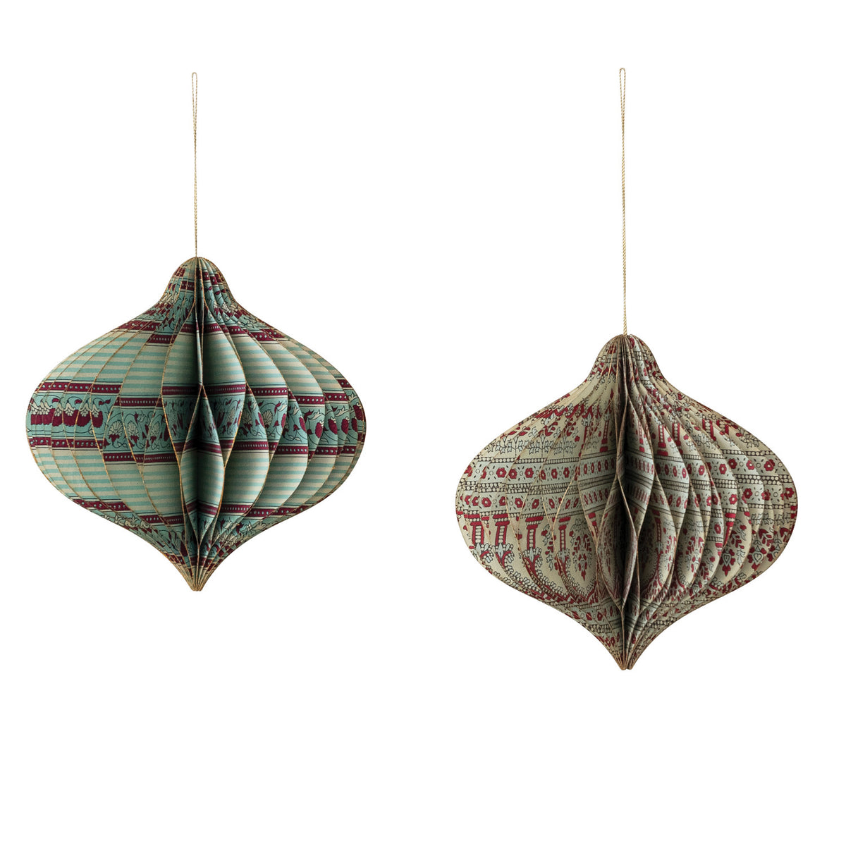Two decorative hanging ornaments with intricate patterns on a white background. sold separately.