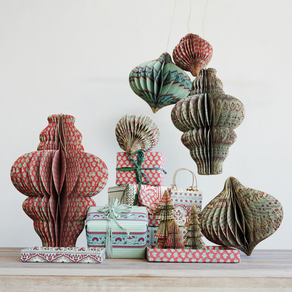 Handmade Recycled Block Printed Paper Folding Honeycomb Finial Ornament