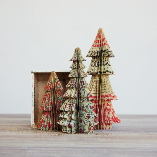 Handmade Recycled Block Printed Paper Folding Honeycomb Tree with Vintage Pattern
