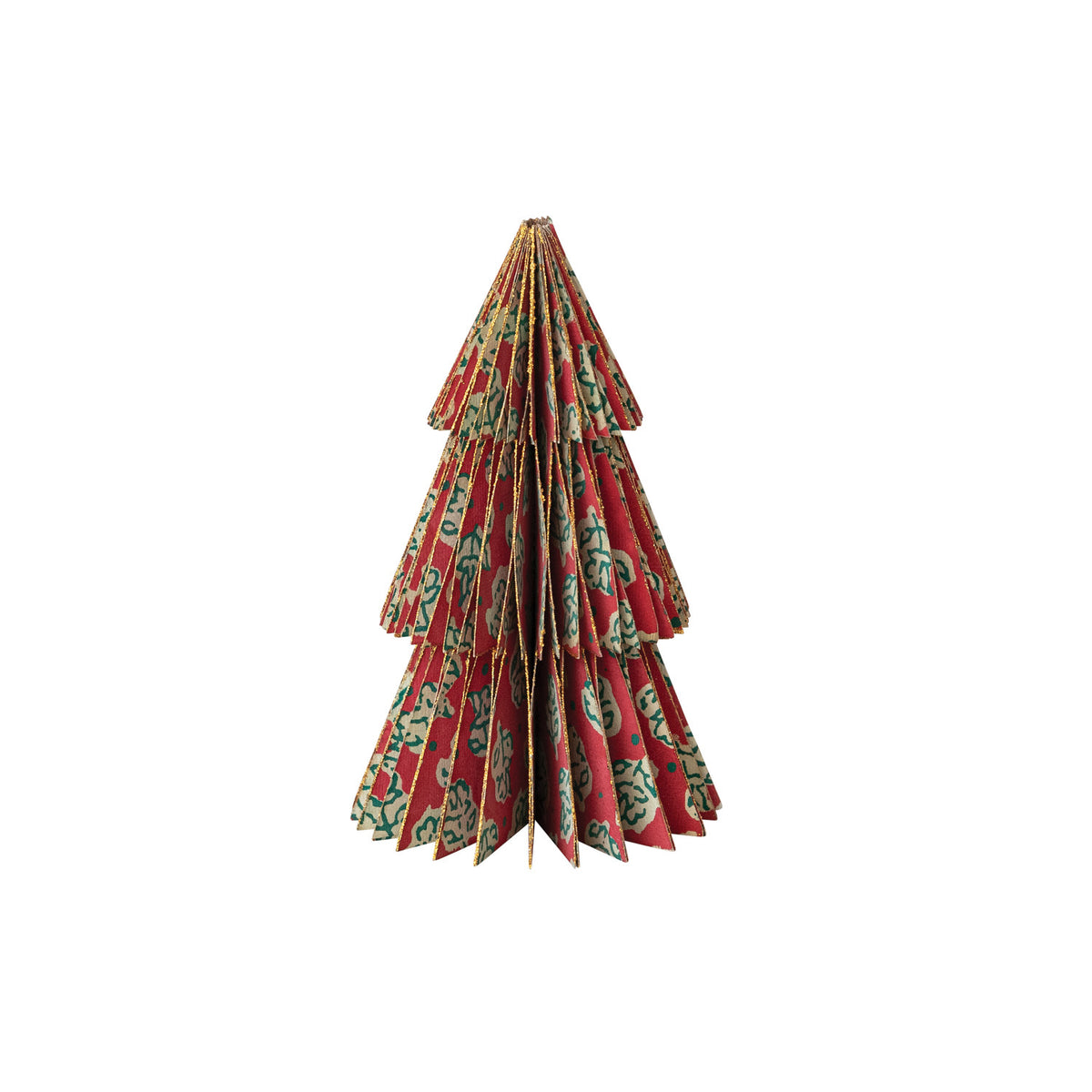 Decorative paper Christmas tree with a red and green pattern on a white background