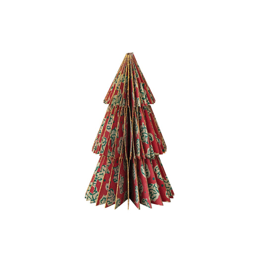 Decorative paper Christmas tree with a red and green pattern on a white background