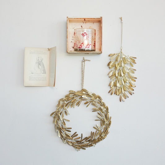 Handmade Metal & Acrylic Bead Mistletoe Bunch Ornament, Antique Brass Finish