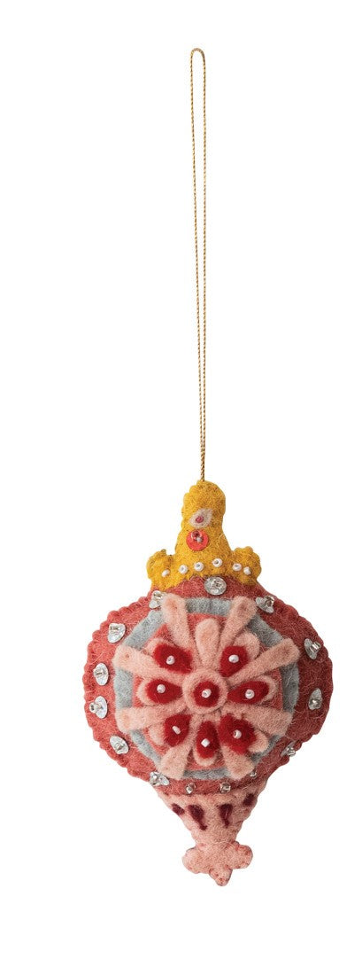 Handmade Wool Felt Finial Ornament with Embroidery, Sequins & Beads