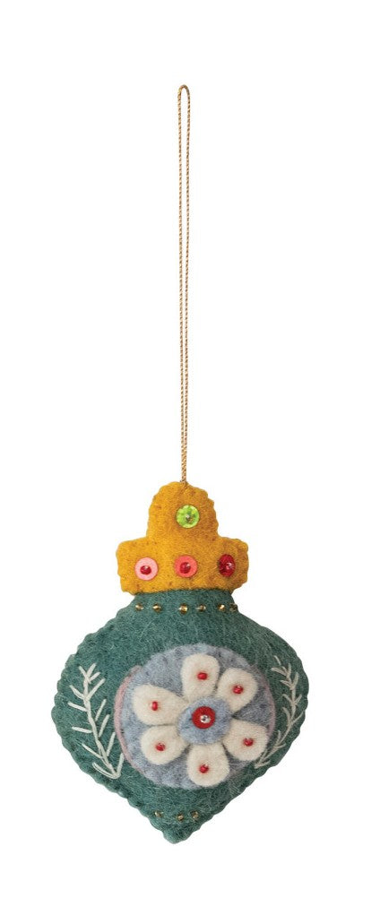 Handmade Wool Felt Finial Ornament with Embroidery, Sequins & Beads