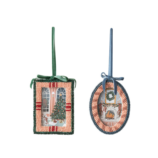 Two Christmas-themed decorative ornaments on a white background