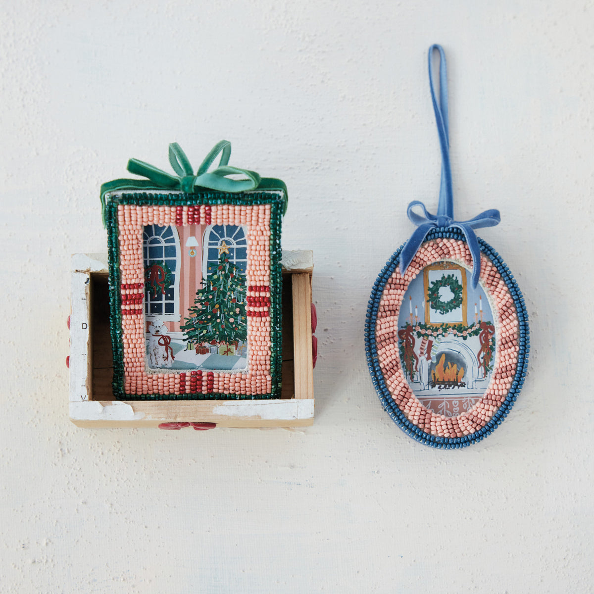 Glass Beaded Photo Frame Ornament with Velvet Bow & Hanger