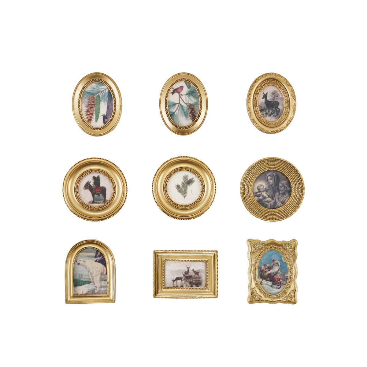  decorative wall plates with various designs and gold frames on a white background