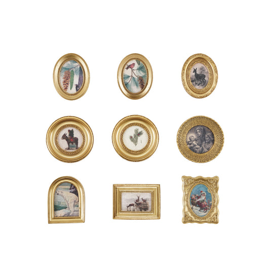  decorative wall plates with various designs and gold frames on a white background