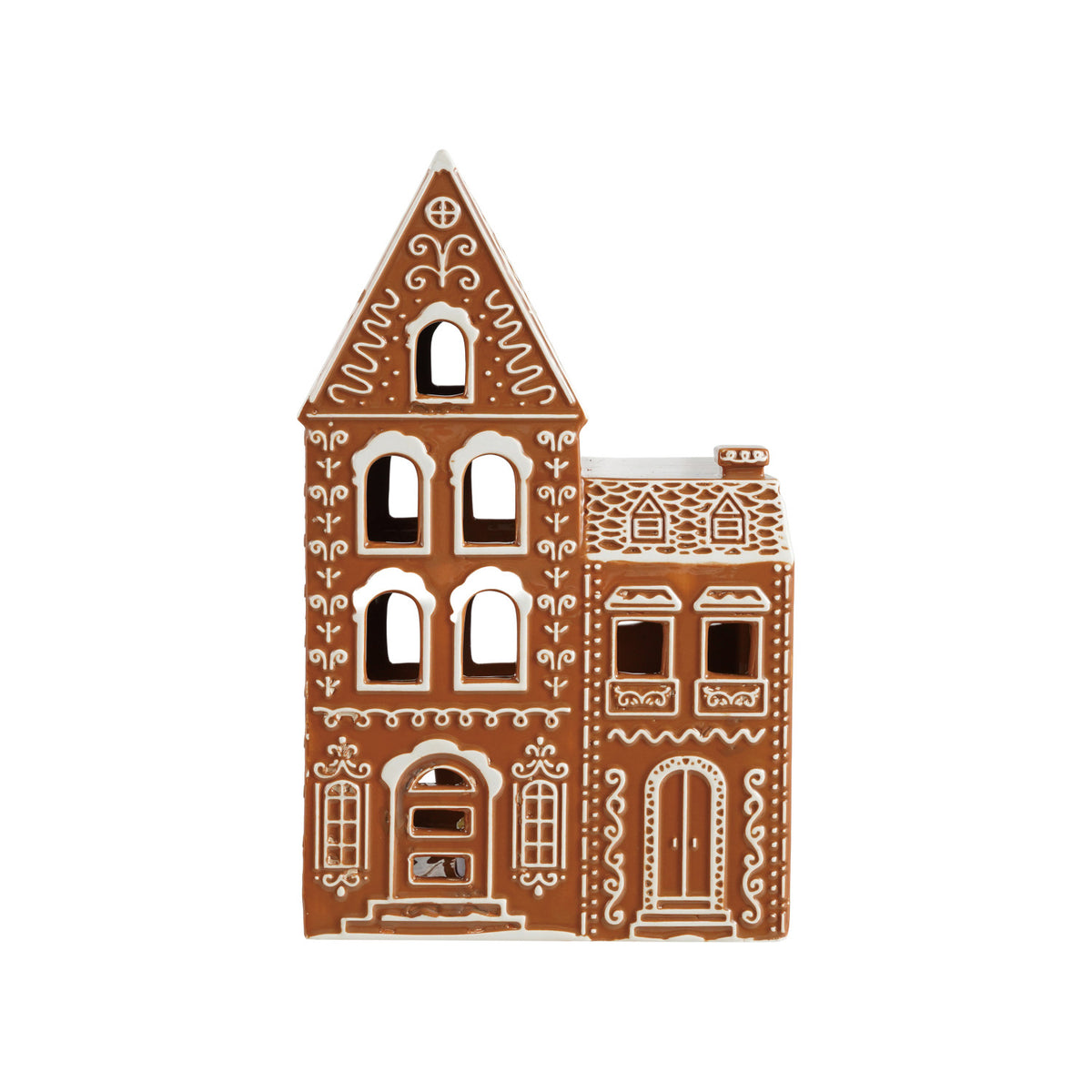 Hand-Painted Ceramic Gingerbread House with Embossed Design, Brown & White